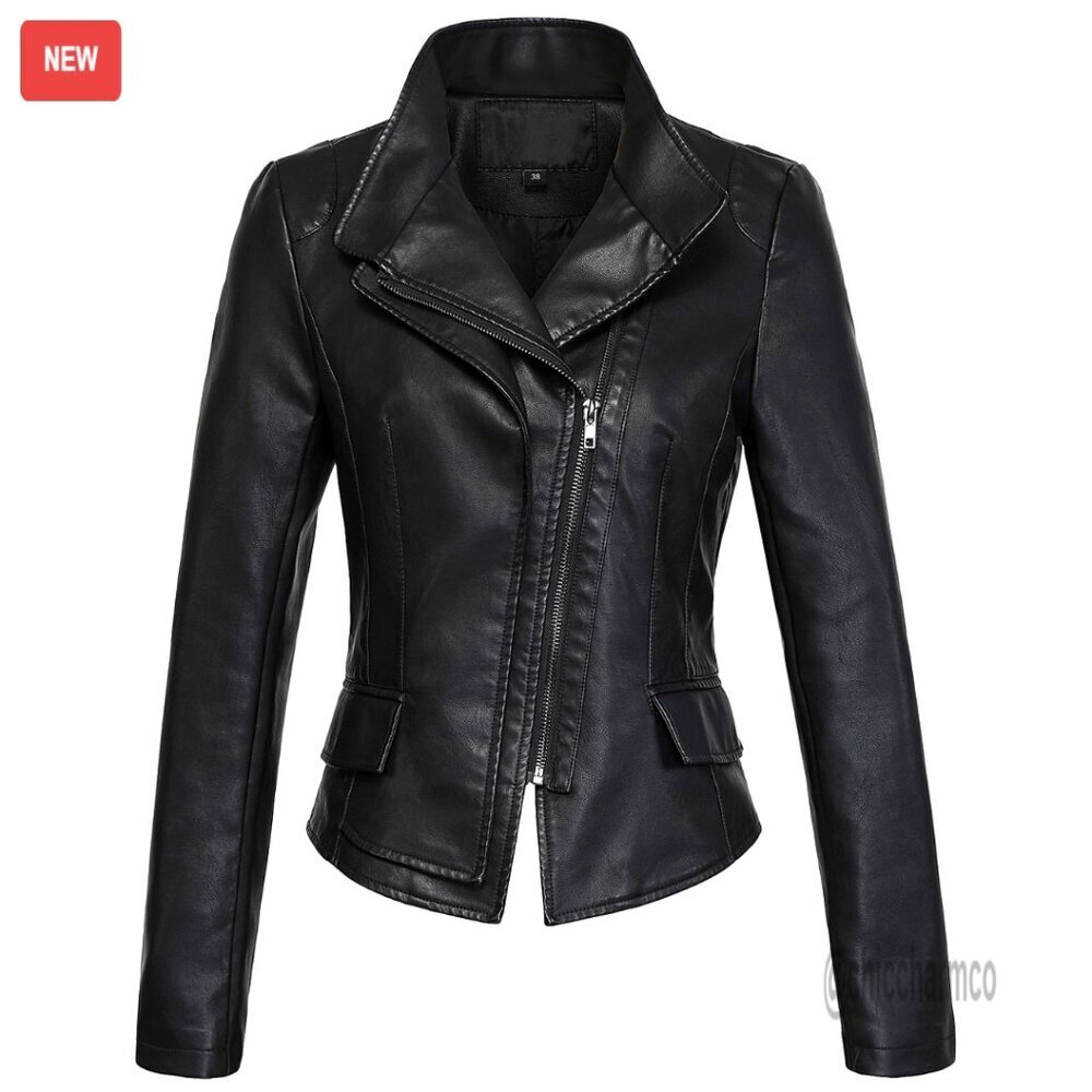 Faux Leather Biker Jacket with Asymmetrical Zip Slim Fit Outerwear